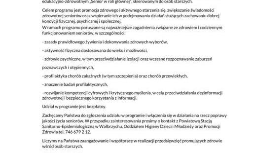 Na danym obrazku znajduje się informacja dotycząca ogólnopolskiego programu „Senior w roli głównej”. Zaproszenie do realizacji programu skierowane jest do placówek zrzeszających seniorów na terenie miasta Wałbrzycha oraz powiatu wałbrzyskiego.