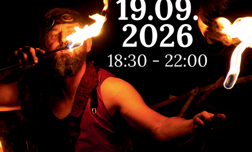 Na załączonym plakacie znajdują się informacje dotyczące Otwartej Sceny Ognia w Boguszowie-Gorcach. Wydarzenie odbędzie się 19 września 2026 roku od godziny 18:30 do 22:00 przy Szybie Witold.